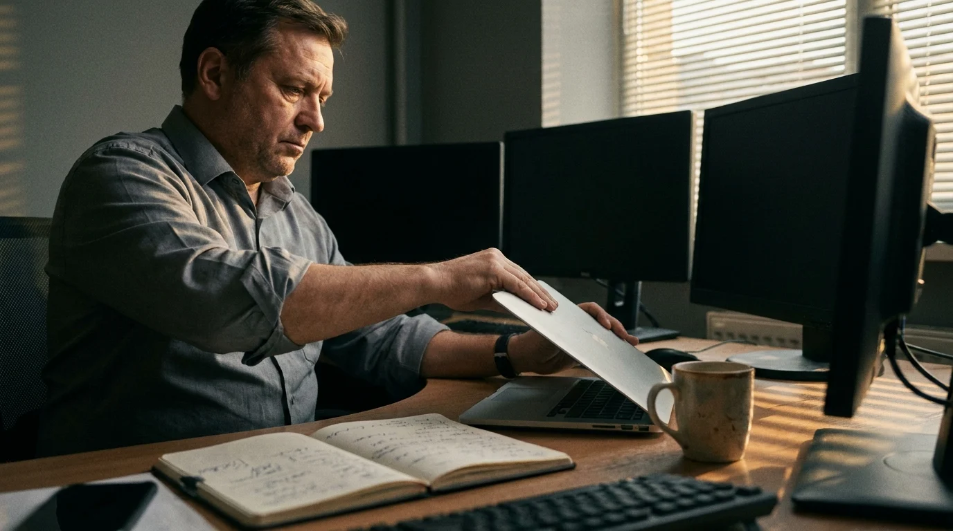 A trader closes his laptop at the end of the session in a dark office