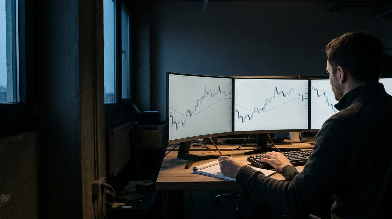 A futures trader at a three-monitor desk before dawn, pencil over a notepad