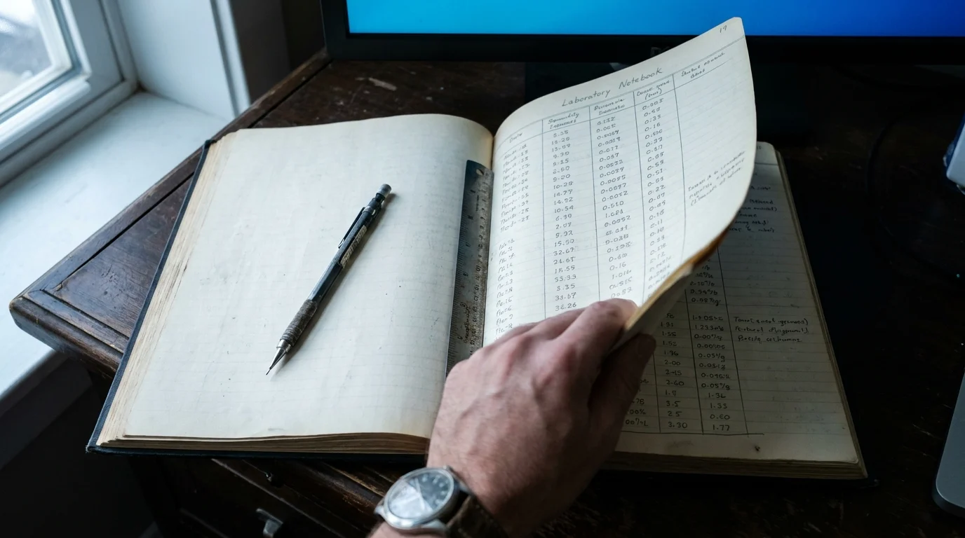 A hand turns the page of a lab notebook with handwritten columns