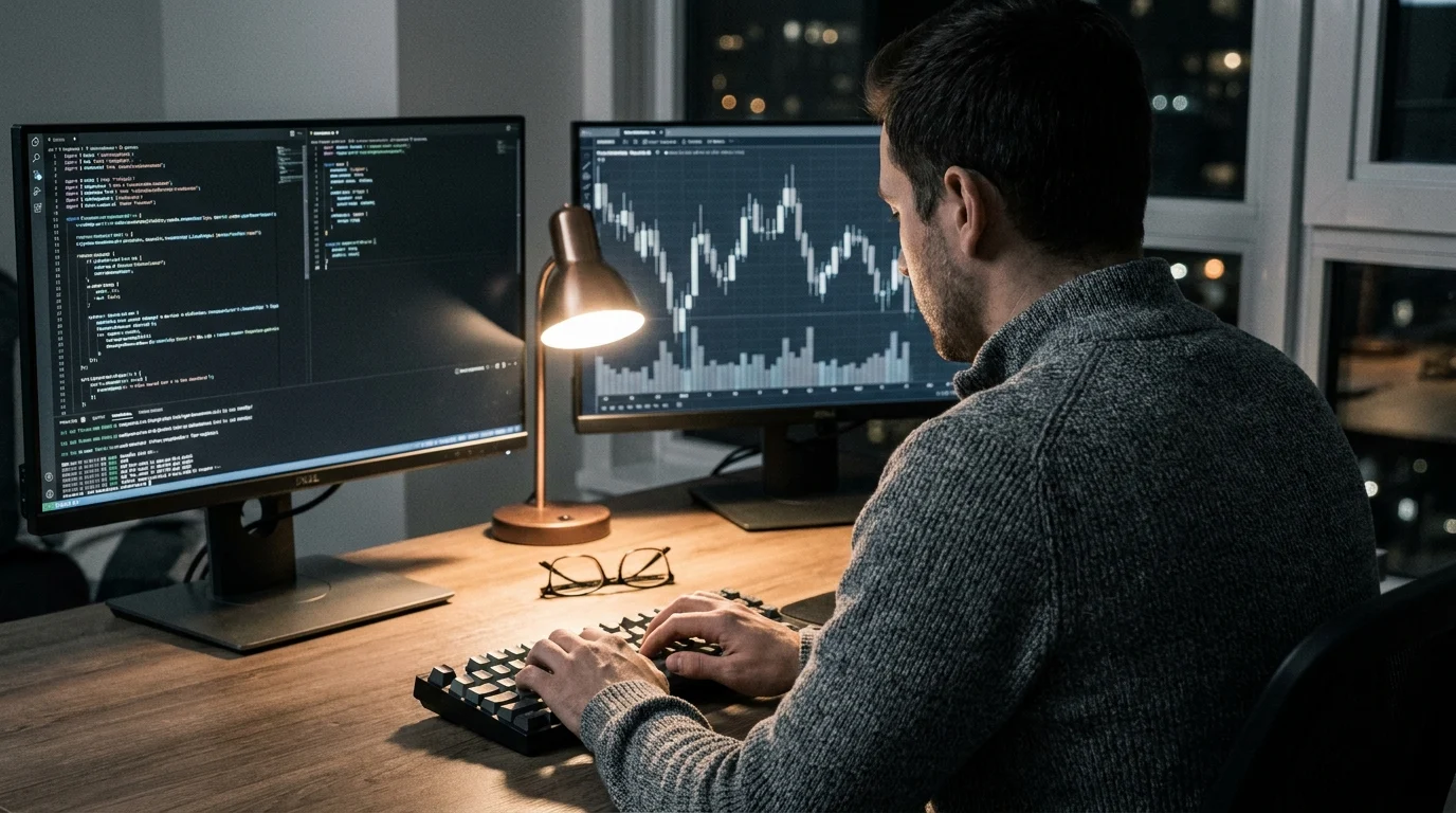 A developer types NinjaScript code on one monitor beside a dark candlestick chart on another