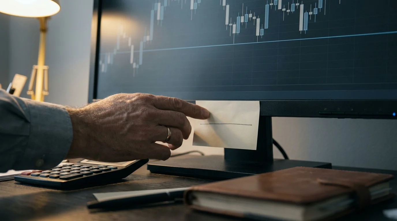 A trader tapes an index card with a single pencil line to the bottom of a monitor