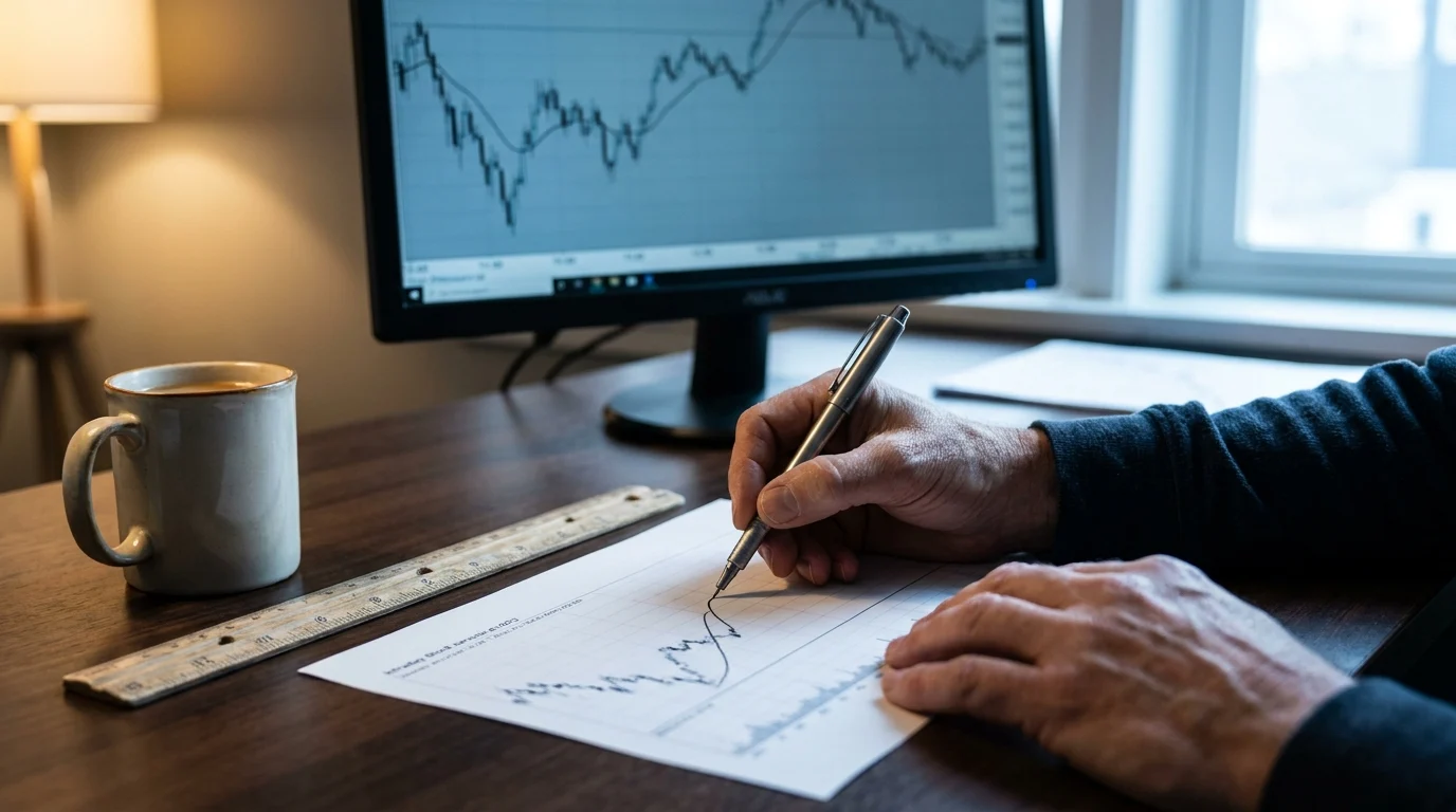 A trader traces a curved average line across a printed intraday chart with a fine pen